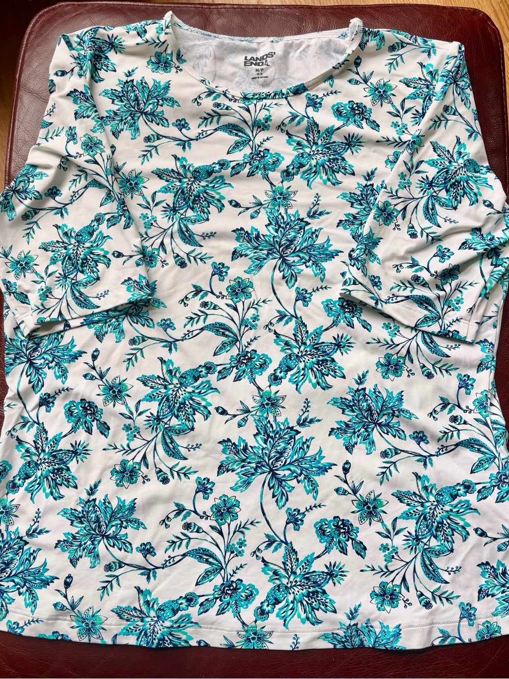 Lands' End White Rash Guard/Swim Tee with Turquoise Floral Print